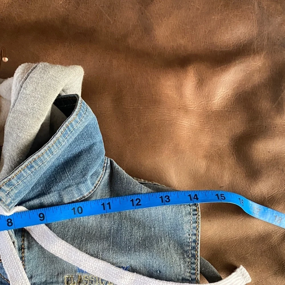 Classic Cropped Blue Denim Varsity Vest with Gray Removable Hood, Size M